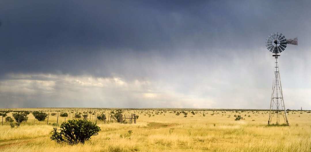 Horizon of Texas landscape with field and windmill. Bojorquez Law Firm